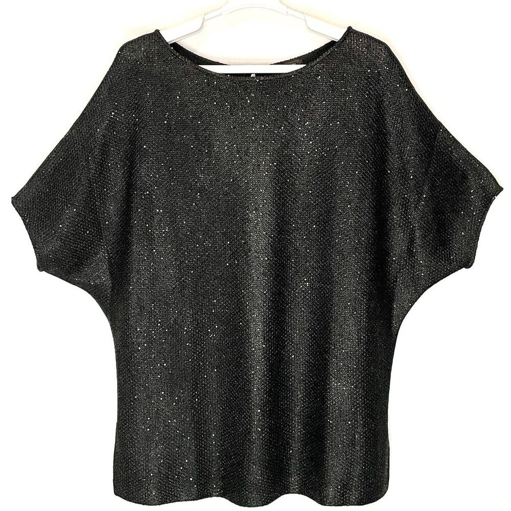 St. John Black Santana Knit Sequined Dolman Top Boat Neck Size Large